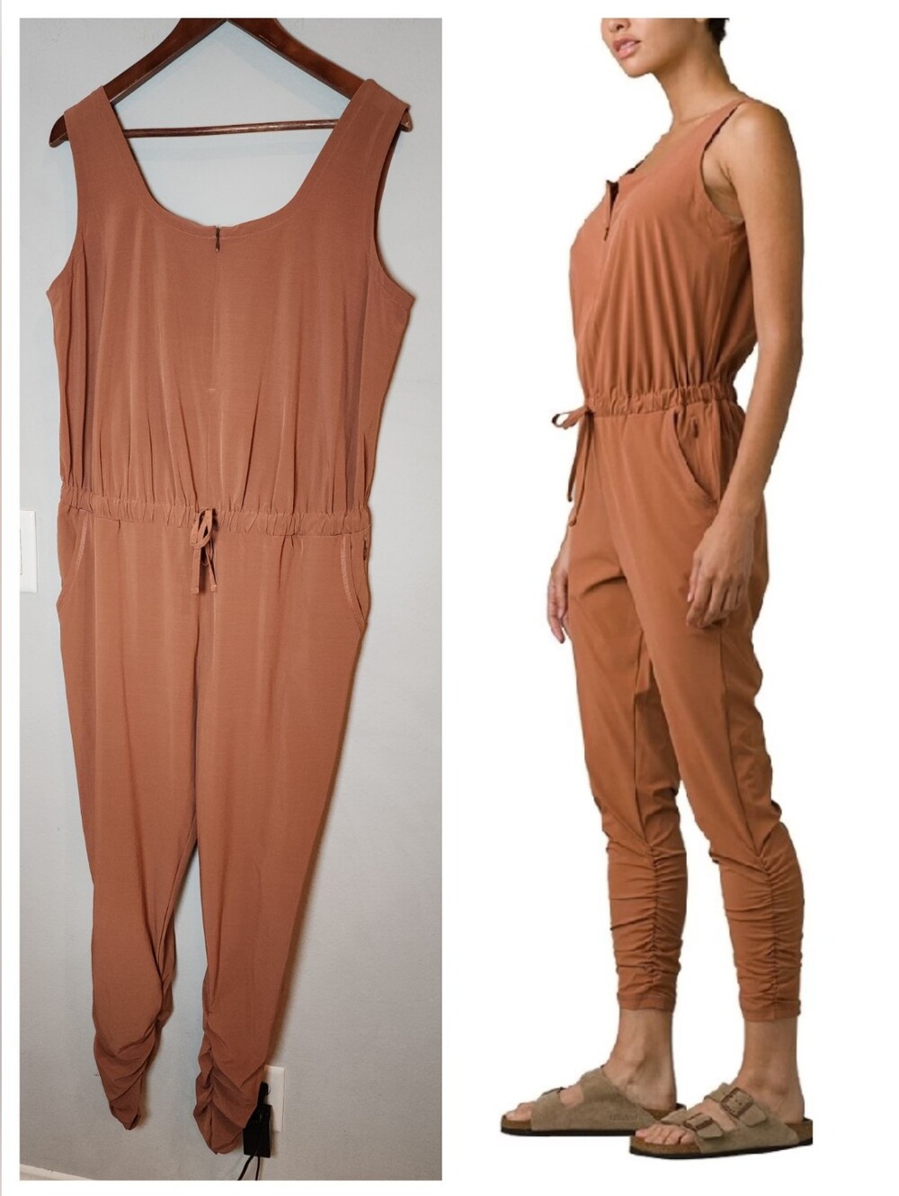 prAna Railay Jumpsuit Clay Size XL UPF 50+ Zip Neck Sleeveless Ruched Leg Pocket